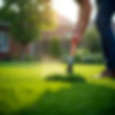 Gardener applying maintenance techniques on a freshly sown lawn