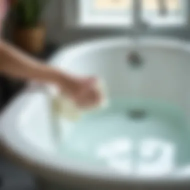 Person applying cleaning solution to a fiberglass tub