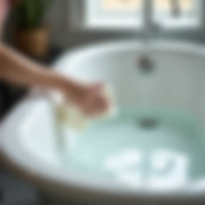 Person applying cleaning solution to a fiberglass tub