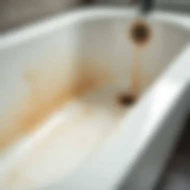 Detailed view of discoloration on fiberglass tub Close-up of a stained fiberglass tub showing discoloration