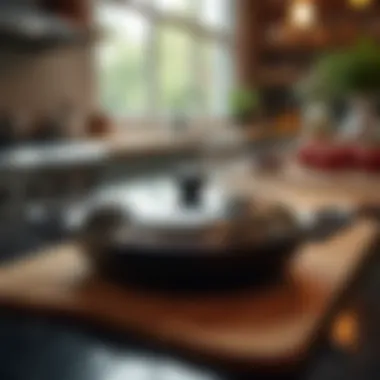 Interior shot of a kitchen showcasing stainless steel skillet in action