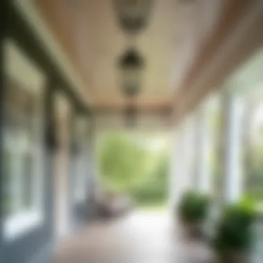 Traditional porch ceiling adorned with decorative moldings and classic colors