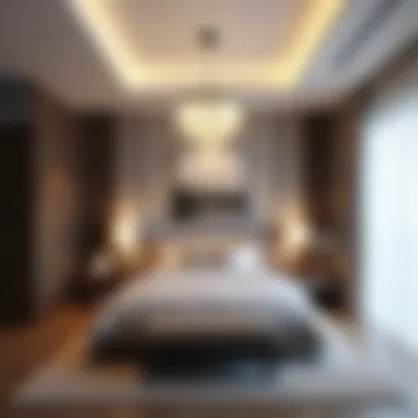 Modern Bedroom with Statement Chandelier A modern bedroom design featuring a stylish chandelier
