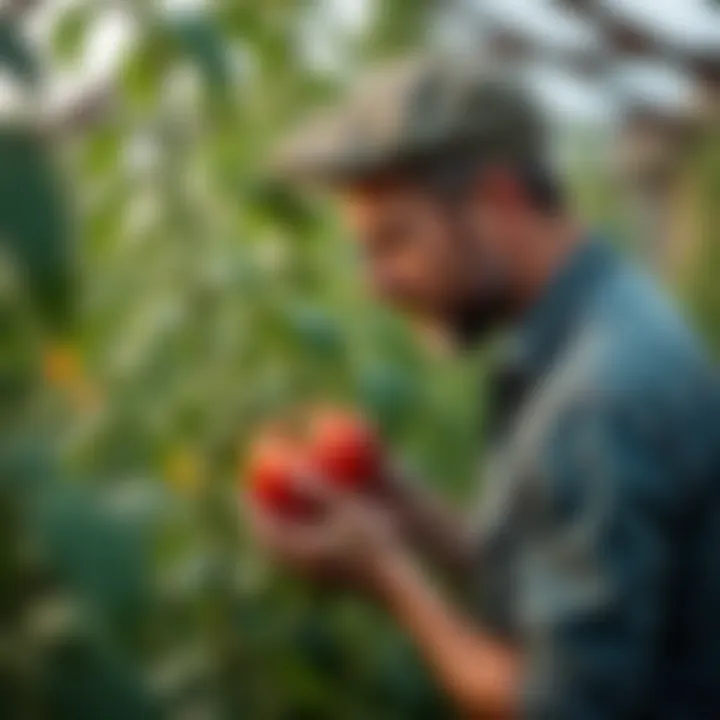 Gardener inspecting tomato plants for optimal growth