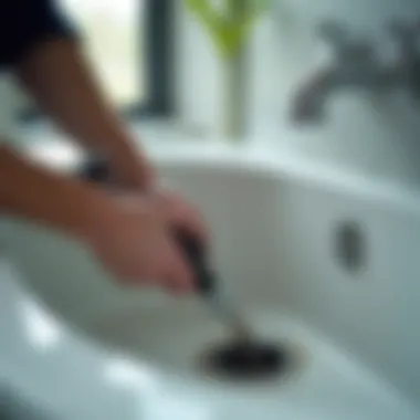 Professional plumber using tools on a bathtub drain