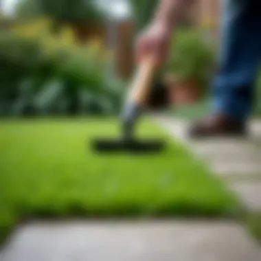 A gardener using a hand tool to remove grass from paving stones