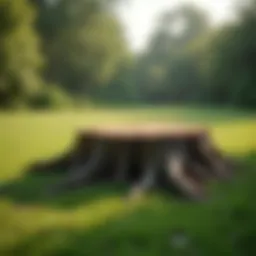 A clear landscape showcasing the contrast between old stumps and a well-maintained garden