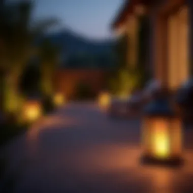 An evening setting with solar lanterns providing ambient lighting on a patio.