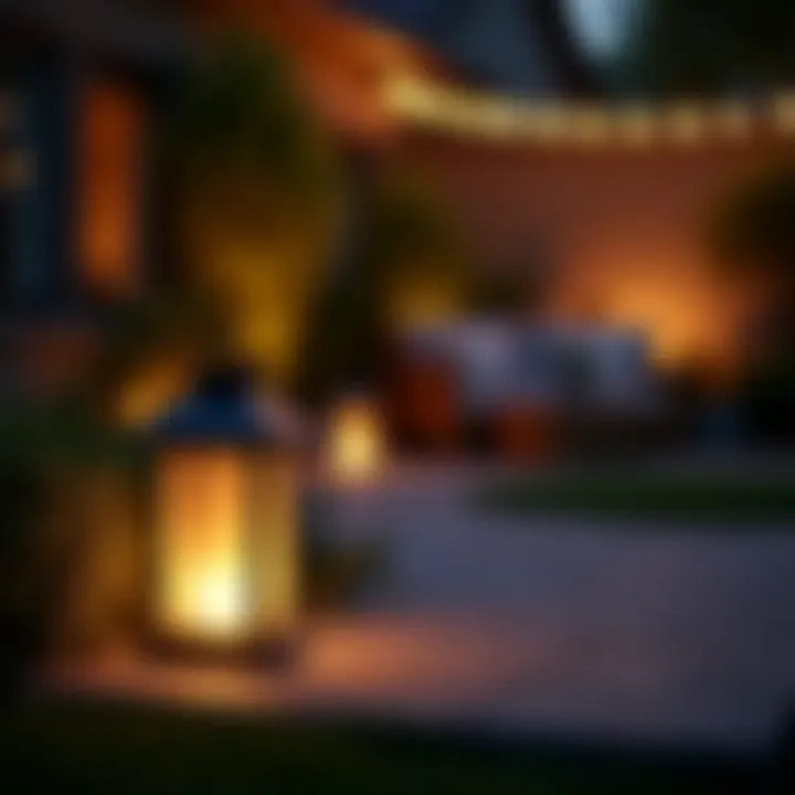 A beautifully lit patio adorned with stylish solar lanterns casting a warm glow.