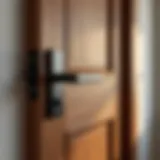 A close-up view of a stylish wooden door with a modern handle.