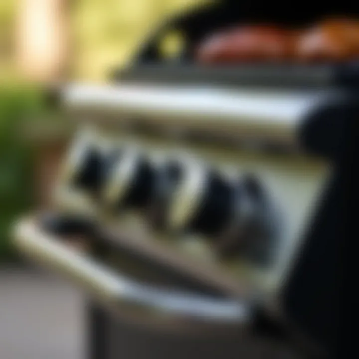 Close-up of grill features highlighting knobs and cooking surface.