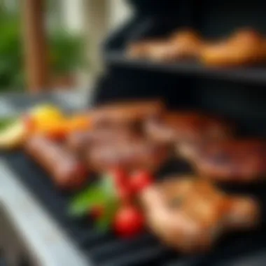 Midsize gas grill showcasing an array of grilled meats and vegetables.