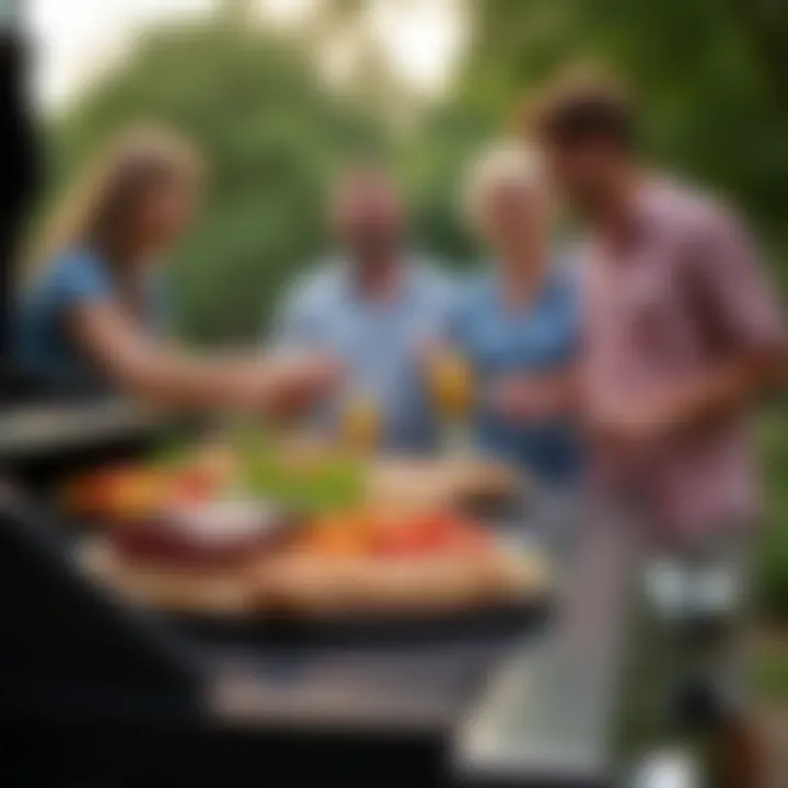 Group of friends enjoying a barbecue meal outdoors.