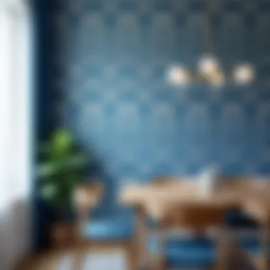 Close-up of intricate blue wallpaper patterns that add character to the dining space.