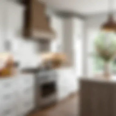 Distressed white cabinets in a modern farmhouse kitchen