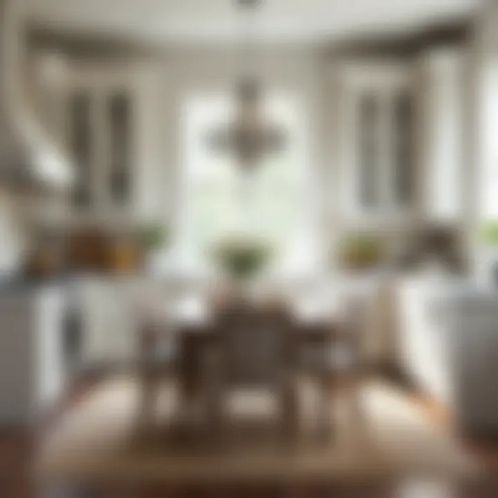 A beautifully styled dining area featuring distressed white cabinets