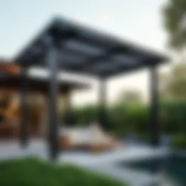 A contemporary pergola with integrated solar panels providing shade and energy