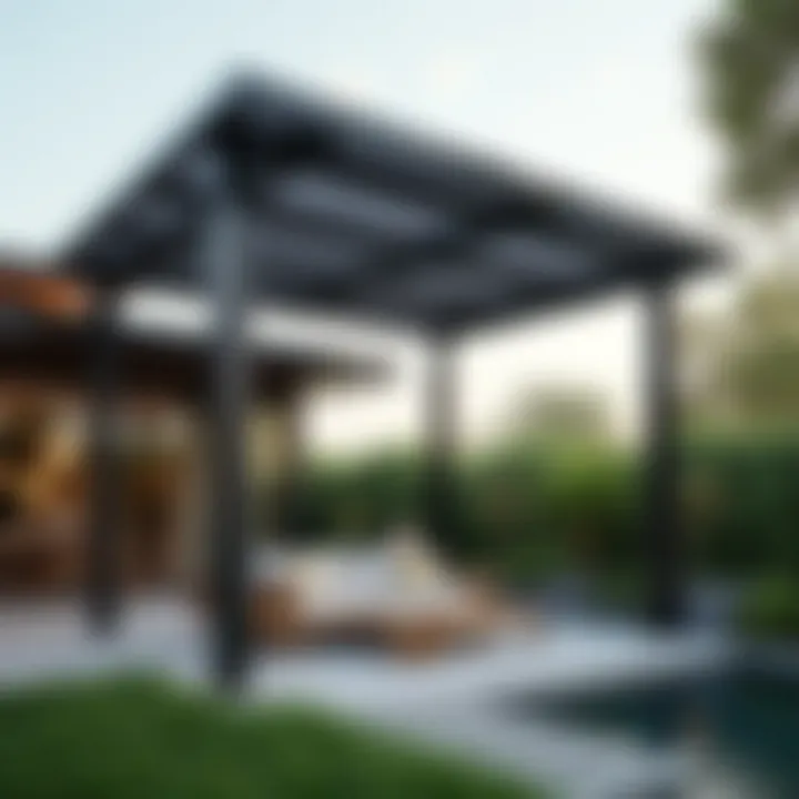 A contemporary pergola with integrated solar panels providing shade and energy