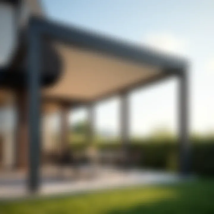 Close-up view of a stylish pergola with a retractable sun shade cover