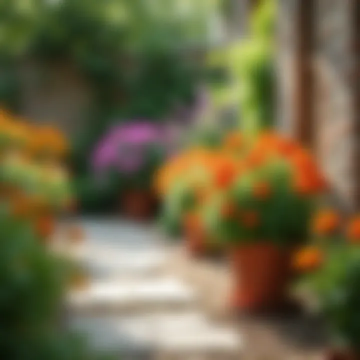 An outdoor garden setting showcasing colorful flowering potted plants in bloom