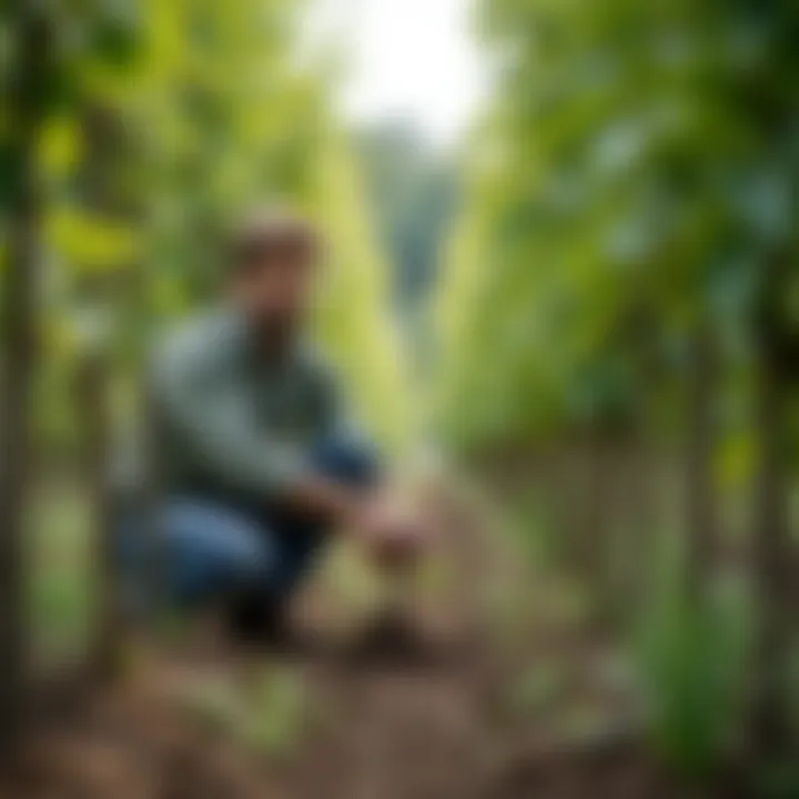 A gardener tending to young fruit trees, illustrating proper cultivation techniques.