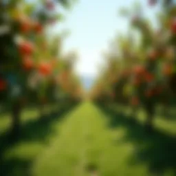 A vibrant orchard showcasing a variety of fruit trees in full bloom.