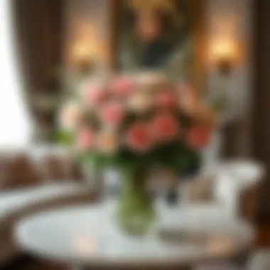 Luxurious interior featuring floral arrangements and vases