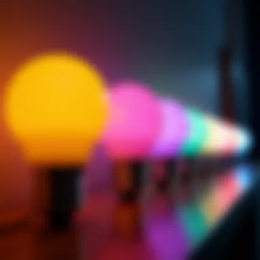 Close-up of different light bulbs showcasing colors