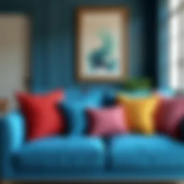 Combination of blue sofa with colorful cushions