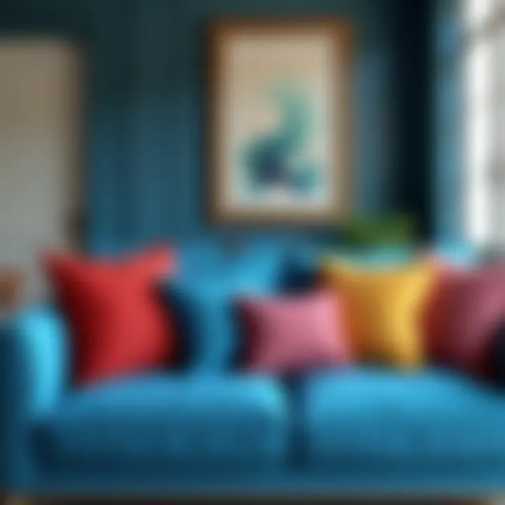 Combination of blue sofa with colorful cushions