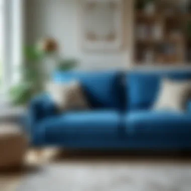 Blue sofa surrounded by coordinating furniture and decor