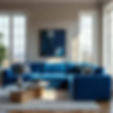 A modern living room featuring a blue sofa as a focal point