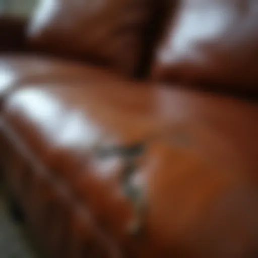 Detailed examination of a leather sofa showing wear and damage