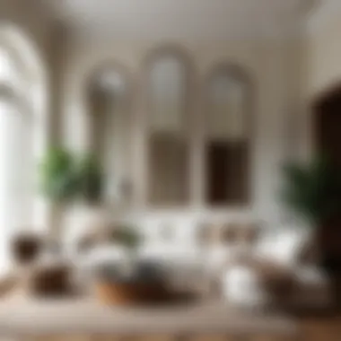 Artistic arrangement of mirrors adding depth to a living room