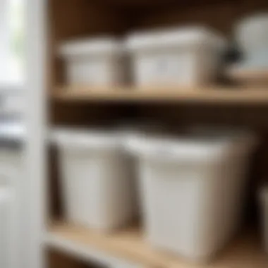 A close-up view of labeled bins and boxes inside a deep cabinet