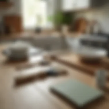 Tools and materials for painting kitchen cabinets neatly organized