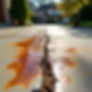 Close-up of rust stains on concrete driveway