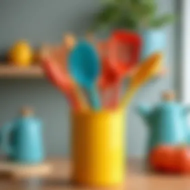 Colorful utensil holder displaying a variety of kitchen tools