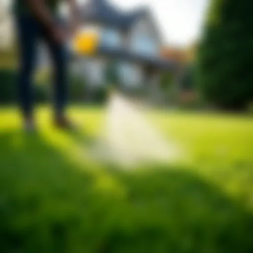 A close-up view of liquid fertilizer being applied to a lush green lawn